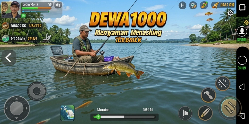 Tampilan seru gameplay DEWA1000 saat memancing ikan besar.