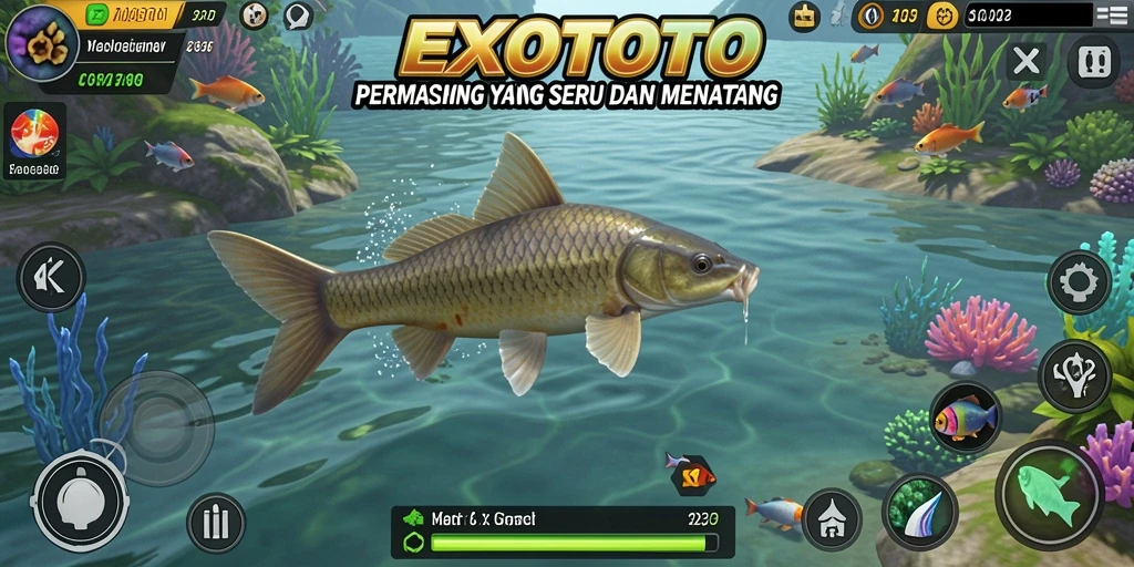 Tampilan gameplay EXOTOTO yang menarik saat memancing ikan.