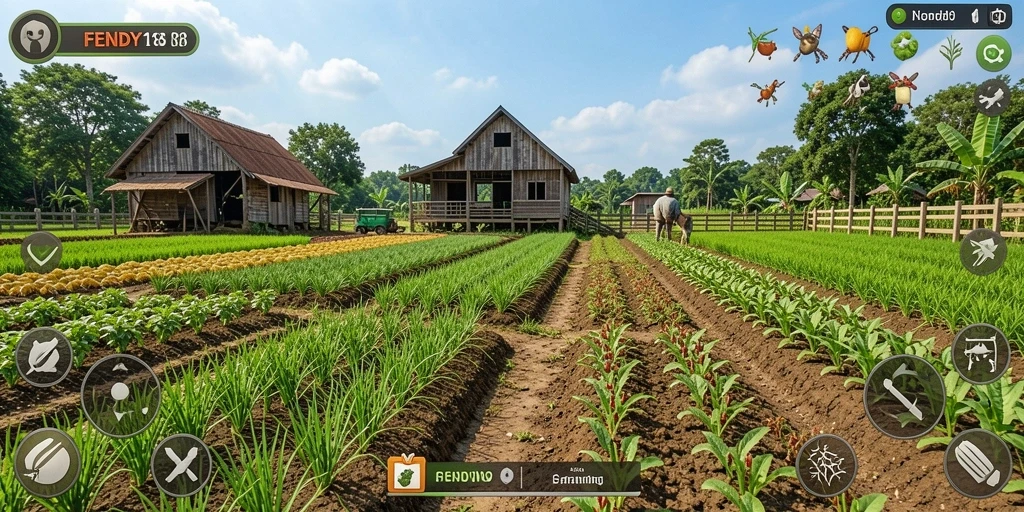 Screenshot gameplay FENDY188 yang menunjukkan kebun yang rimbun dan hewan ternak.