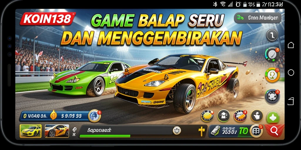Gameplay KOIN138 menampilkan mobil balap dalam aksi cepat di trek.