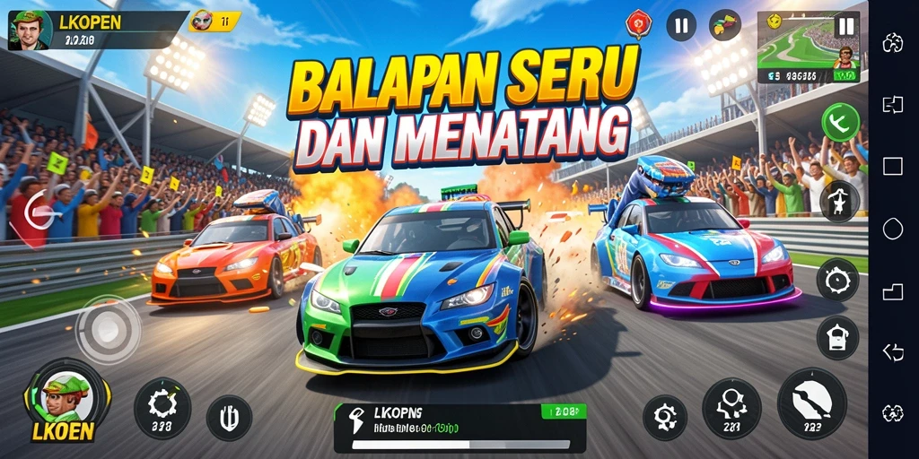 Screenshot LKOPEN menampilkan aksi balapan yang mendebarkan dan mobil yang mengesankan.
