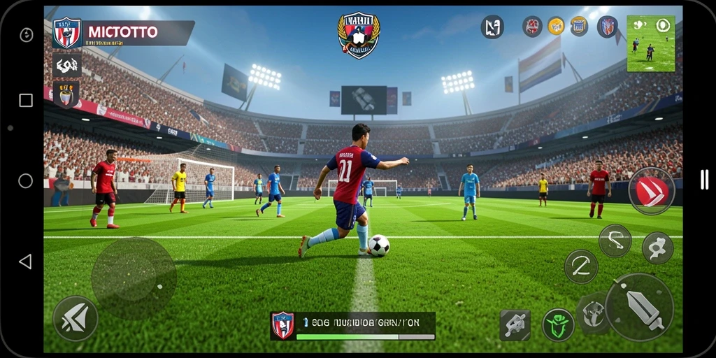 Screenshot gameplay MIOTOTO menampilkan aksi seru di lapangan sepak bola.