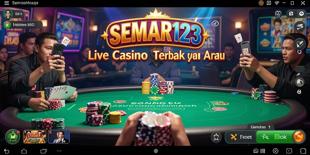 Screenshot gameplay SEMAR123 menampilkan dealer langsung dan suasana kasino yang dinamis.