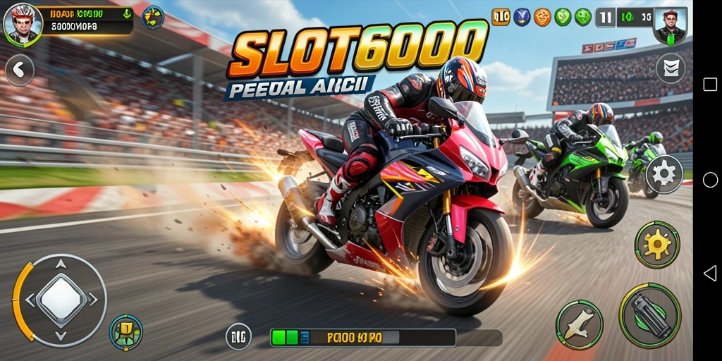 Gameplay balapan motor yang penuh aksi dan kecepatan di SLOT6000.